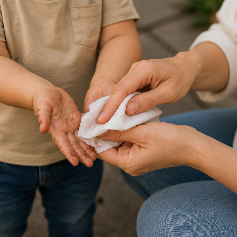 Limpieza y desinfección en manos de niños y adultos